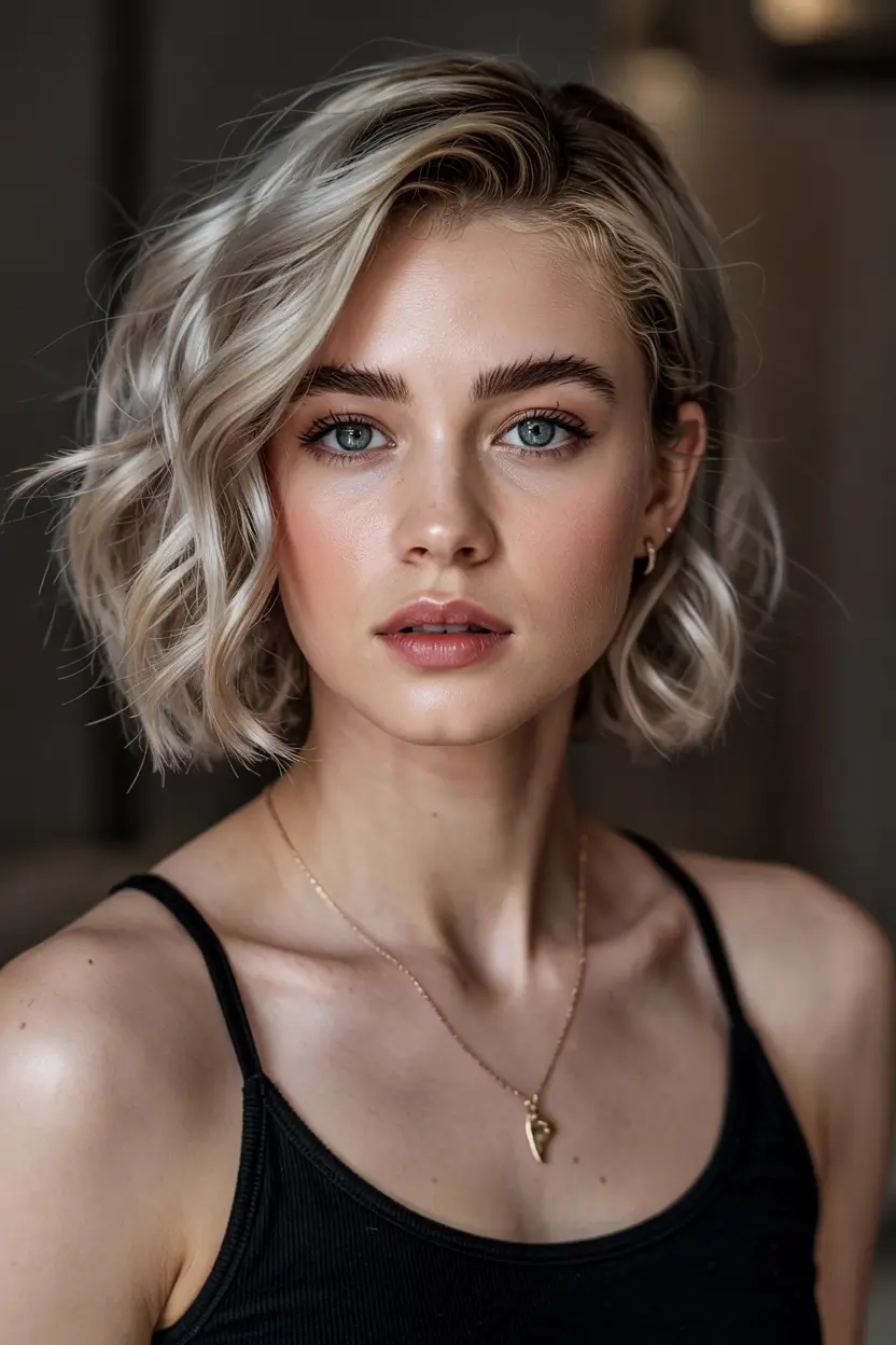 dreamy spring short haircut 2026 Soft Icy Blonde Wavy Bob with Deep Side Sweep