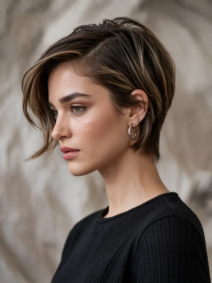 dreamy spring short haircut 2026 Modern Brunette Pixie Bob with Dimensional Highlights