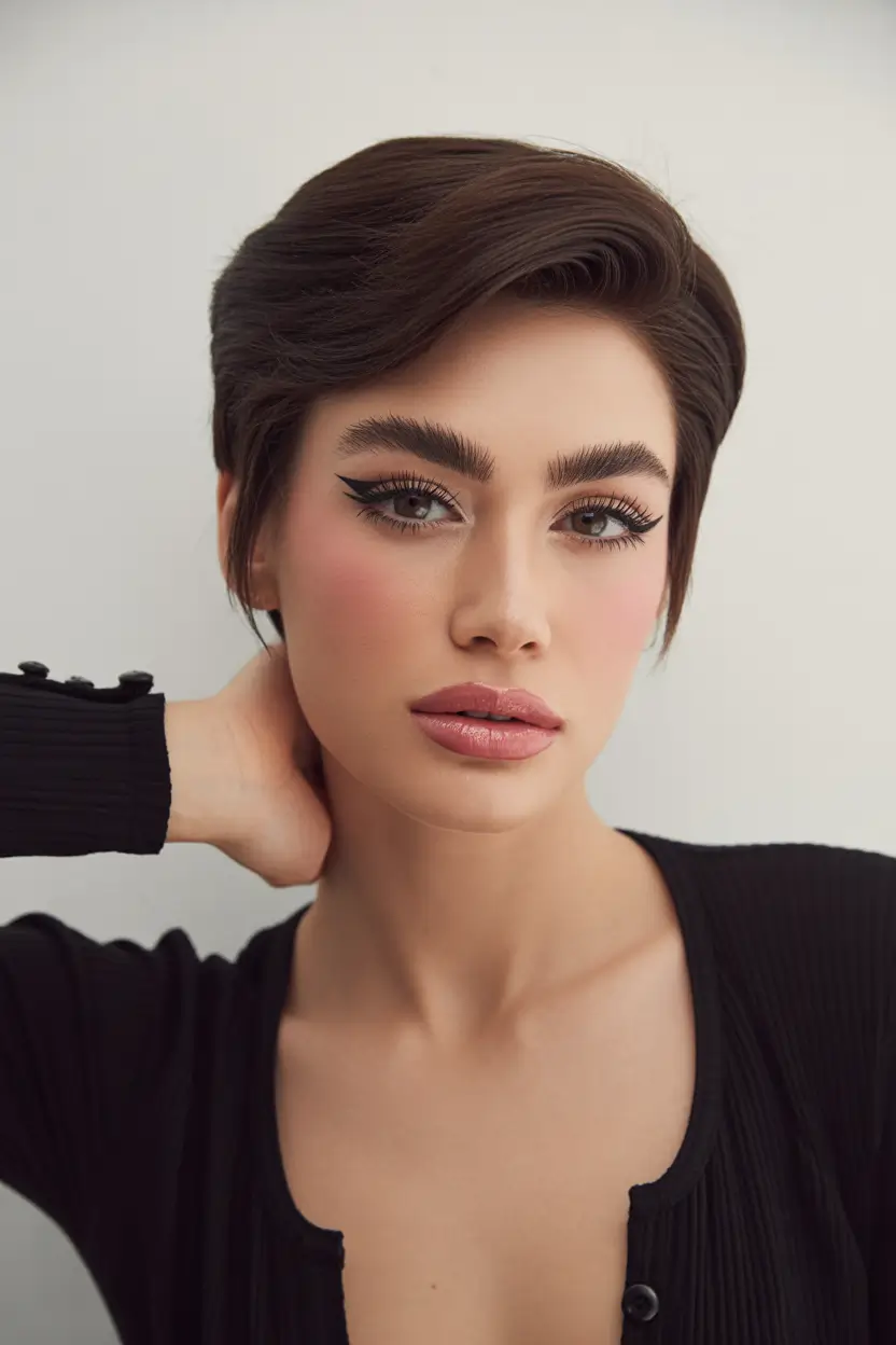 dreamy spring short haircut 2026 Polished Side Swept Short Cut with Gloss Finish