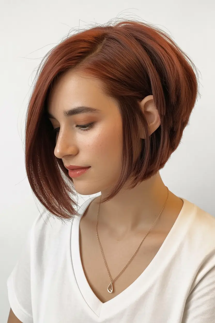 dreamy spring short haircut 2026 Warm Copper Angled Bob with Deep Side Part