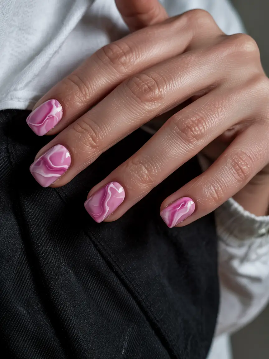 earthy pink spring nails 2026 Pink Marble Square with Modern Swirl Detail