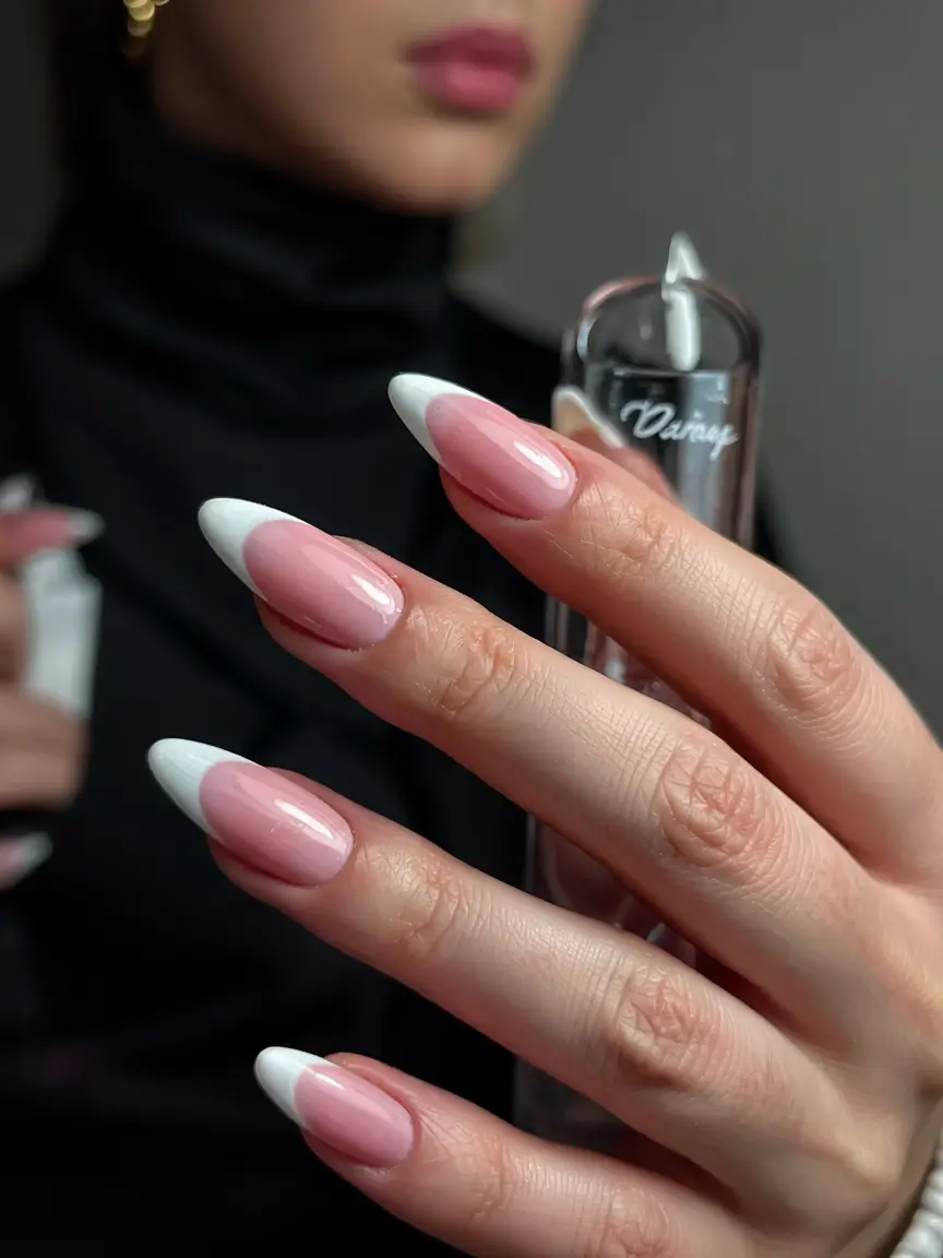 earthy pink spring nails 2026 Almond French in Soft Pink and White