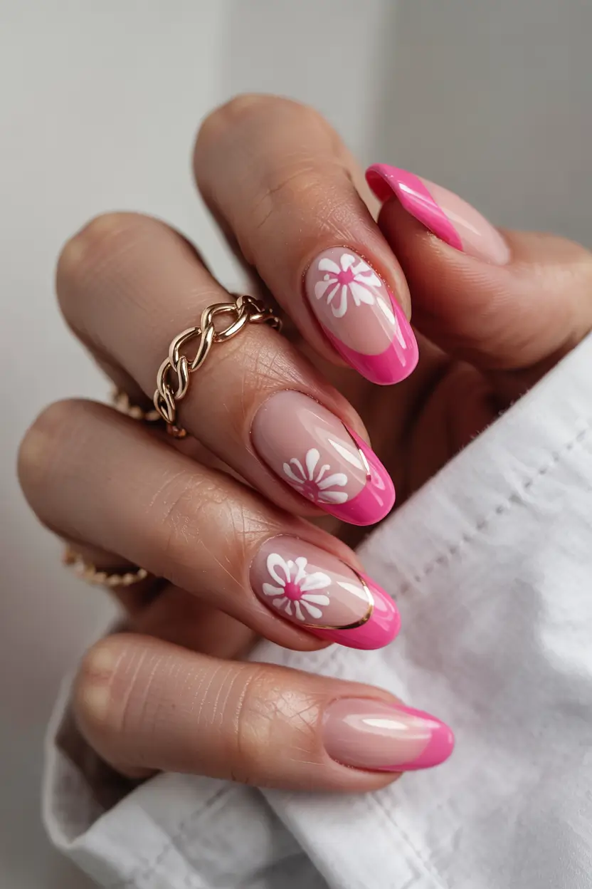 earthy pink spring nails 2026 Bright Pink French with White Flowers and Gold Edge