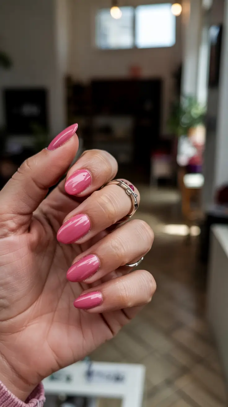earthy pink spring nails 2026 Glossy Warm Pink Almond for Everyday Glow