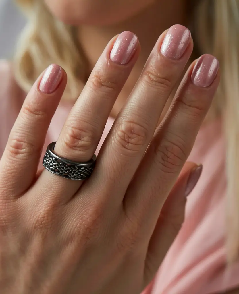 earthy pink spring nails 2026 Short Pink with Fine Micro Shimmer