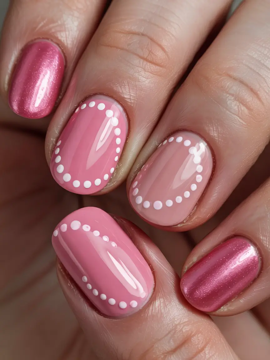 earthy pink spring nails 2026 Soft Pink with White Dotted Frame and Chrome Accent