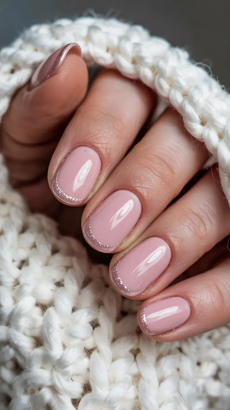 earthy pink spring nails 2026 Soft Pink with Delicate Glitter French Edge