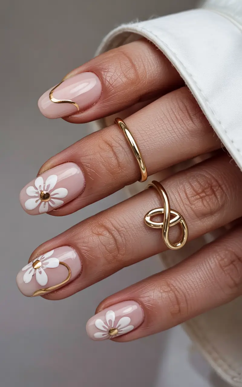 earthy pink spring nails 2026 Soft Blush with White Flowers and Gold Accents