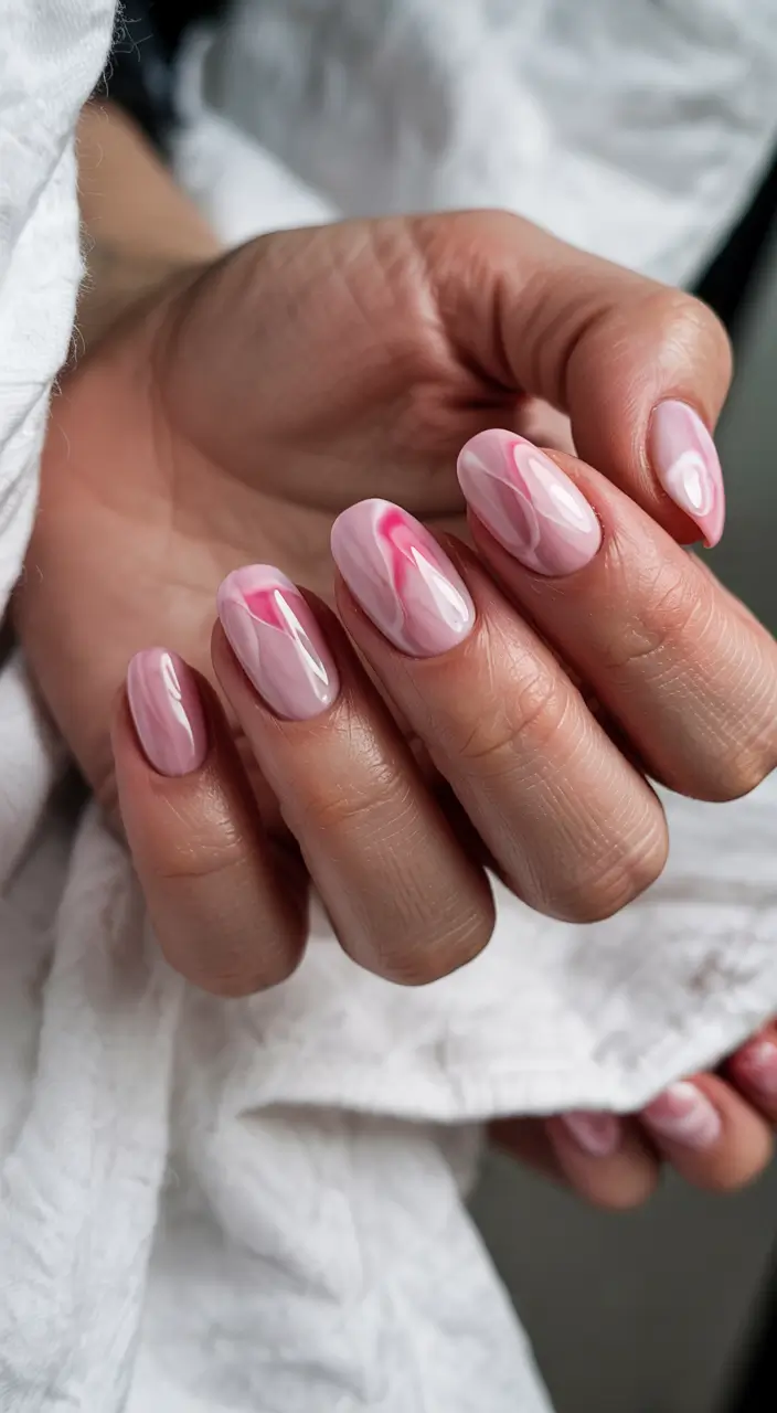 earthy pink spring nails 2026 Milky Pink Marble with Soft Artistic Swirls