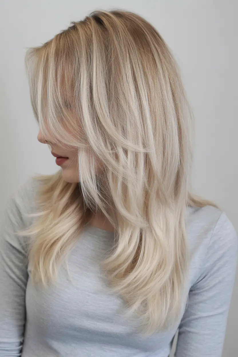 easy spring long haircut styles 2026 Platinum Cream Long Layers with Soft Curtain Flow