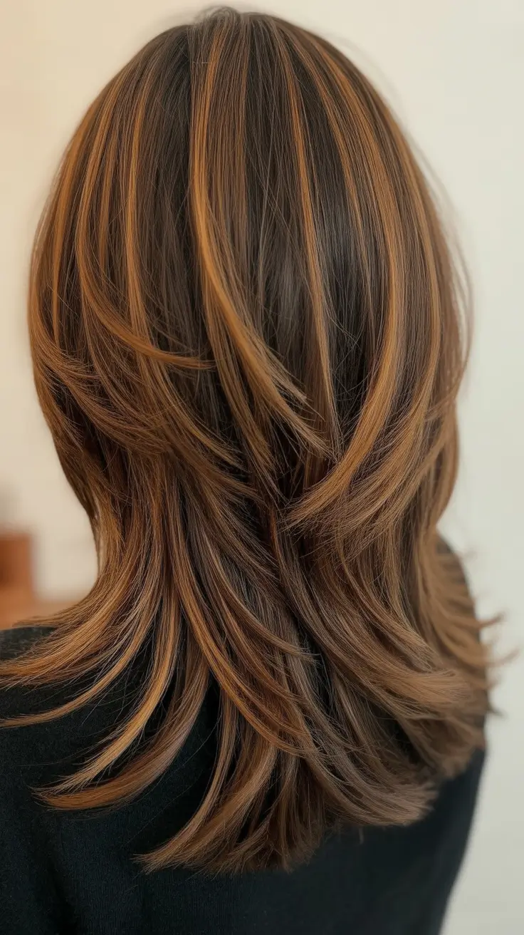 easy spring long haircut styles 2026 Layered Brunette with Caramel Ribbon Highlights