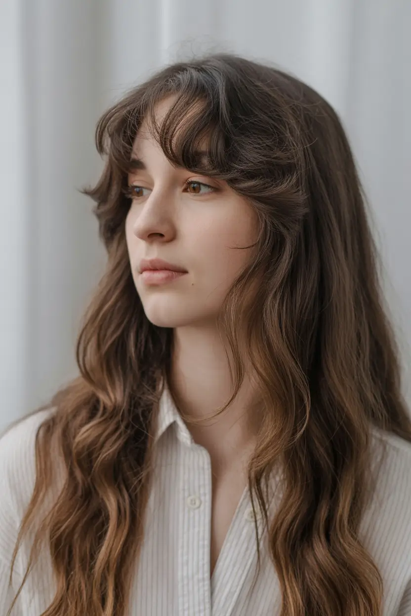 easy spring long haircut styles 2026 Soft Shag Inspired Long Cut with Wispy Fringe