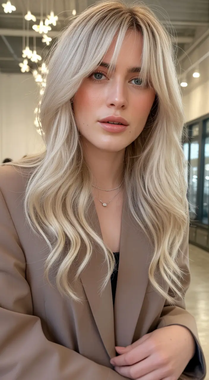 easy spring long haircut styles 2026 Platinum Blonde Layers with Feathered Bangs