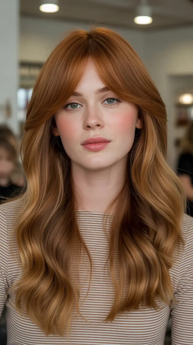 easy spring long haircut styles 2026 Warm Ginger Waves with Soft Fringe