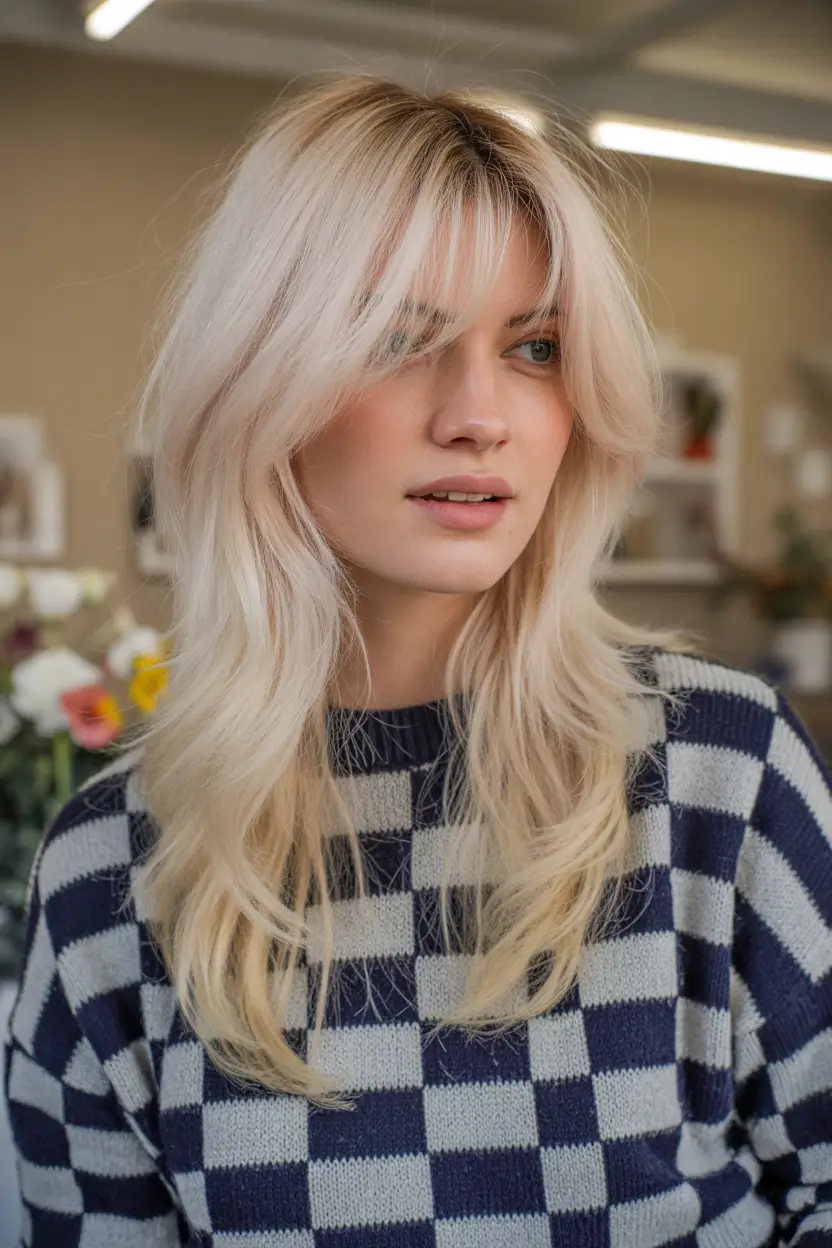 easy spring long haircut styles 2026 Icy Blonde Layered Cut with Wispy Bangs