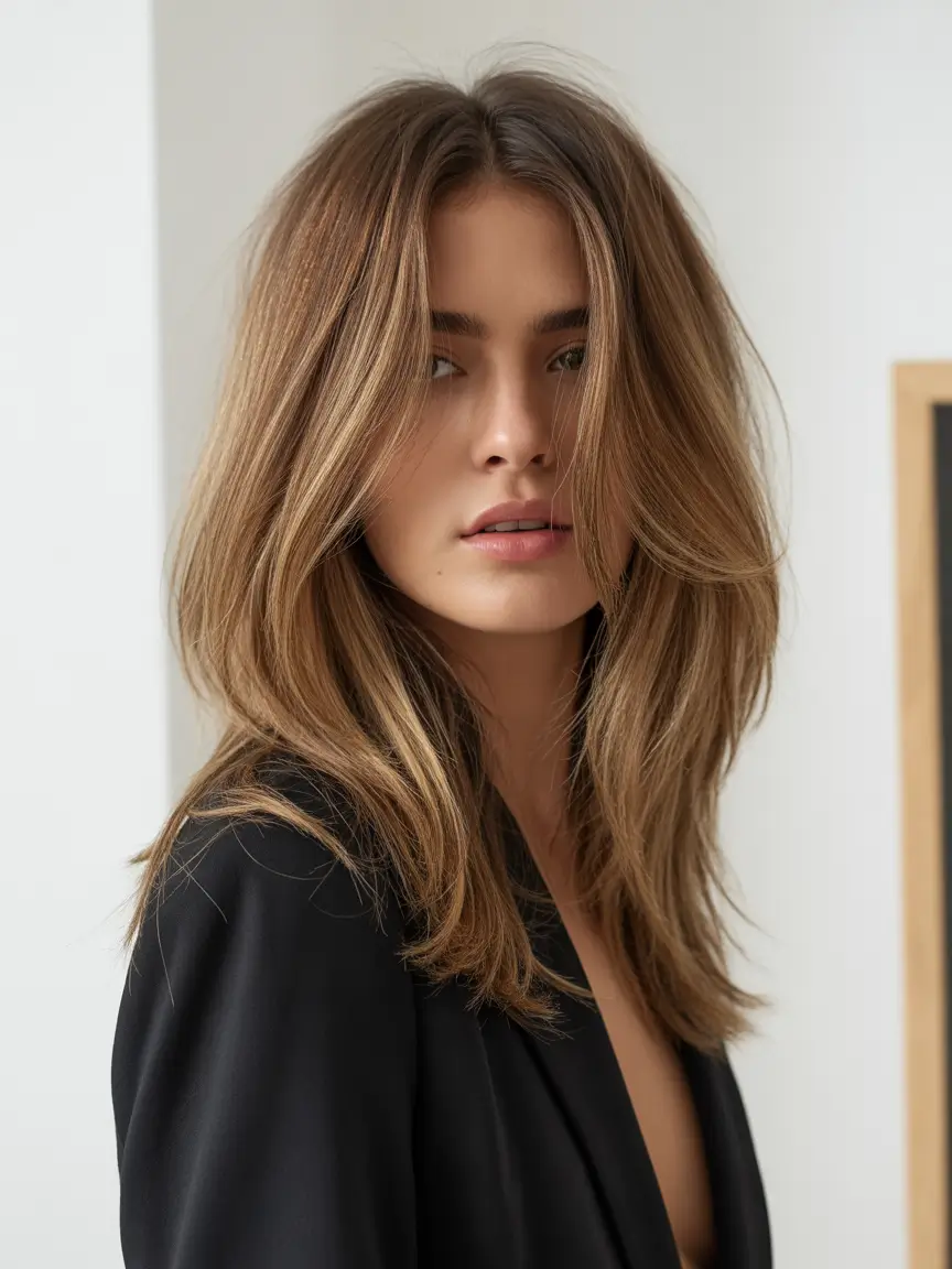 easy spring long haircut styles 2026 Soft Honey Brunette with Airy Face Framing