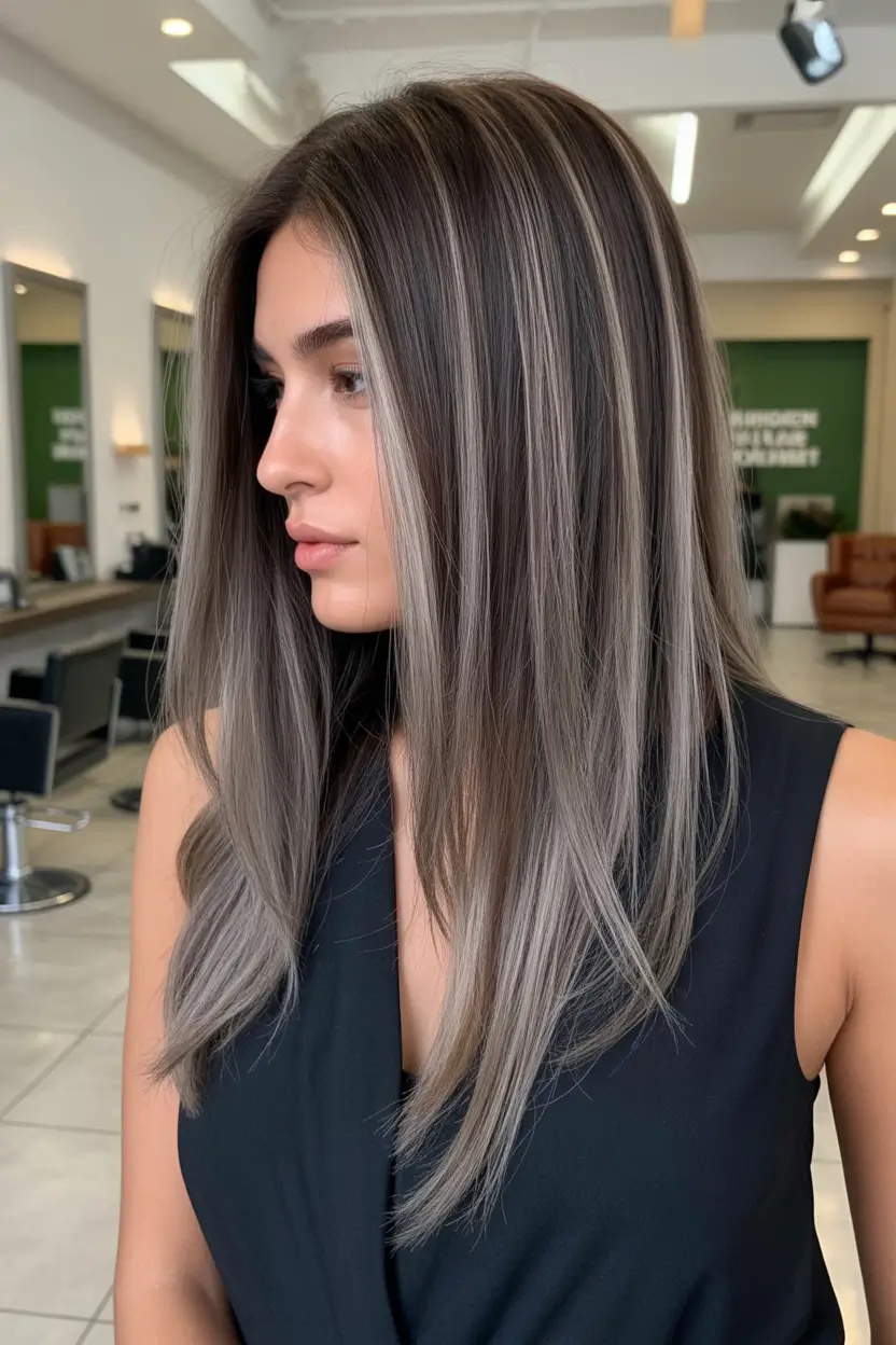 easy spring long haircut styles 2026 Smoky Ash Brunette with Long Contour Layers