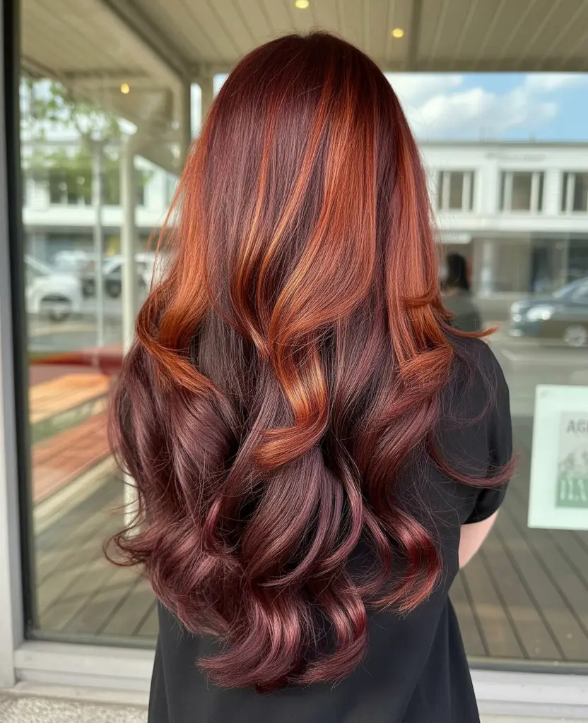 easy spring long haircut styles 2026 Rich Auburn Layers with Voluminous Flow