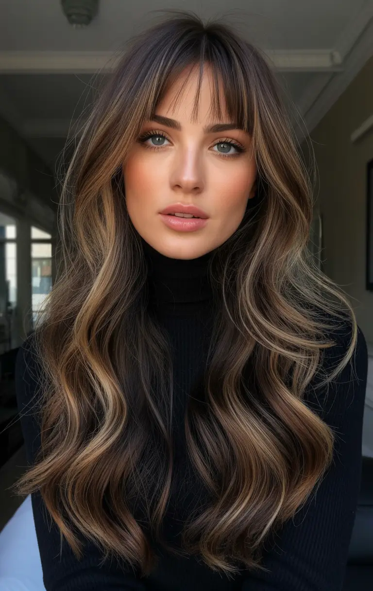 easy spring long haircut styles 2026 Long Brunette Waves with Soft Curtain Bangs