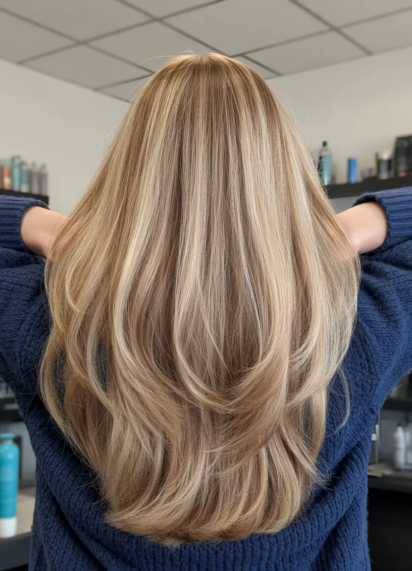 easy spring long haircut styles 2026 Champagne Blonde Cascading Layers