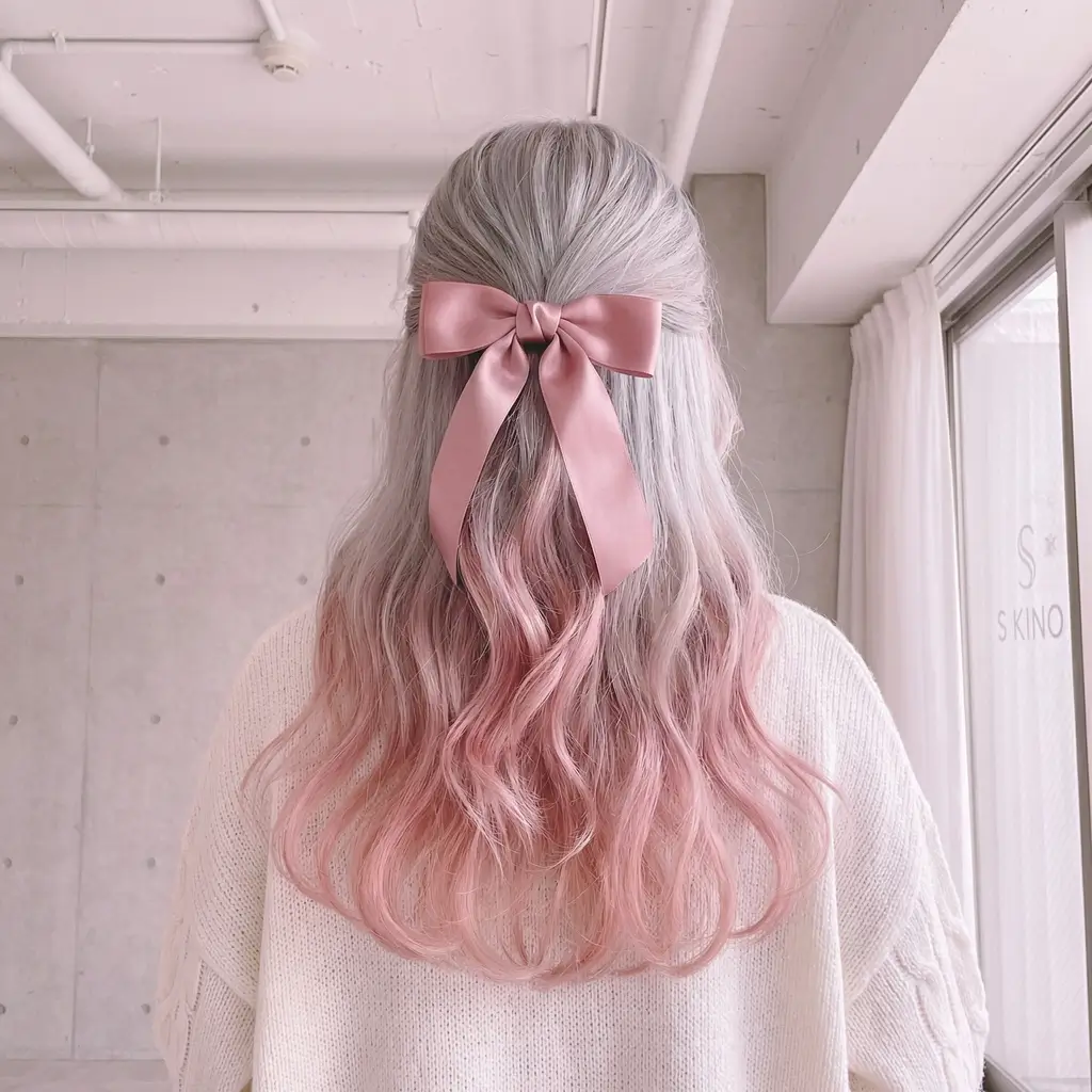 effortless spring hair trends 2026 Silver Rose Ombre with a Soft Satin Bow