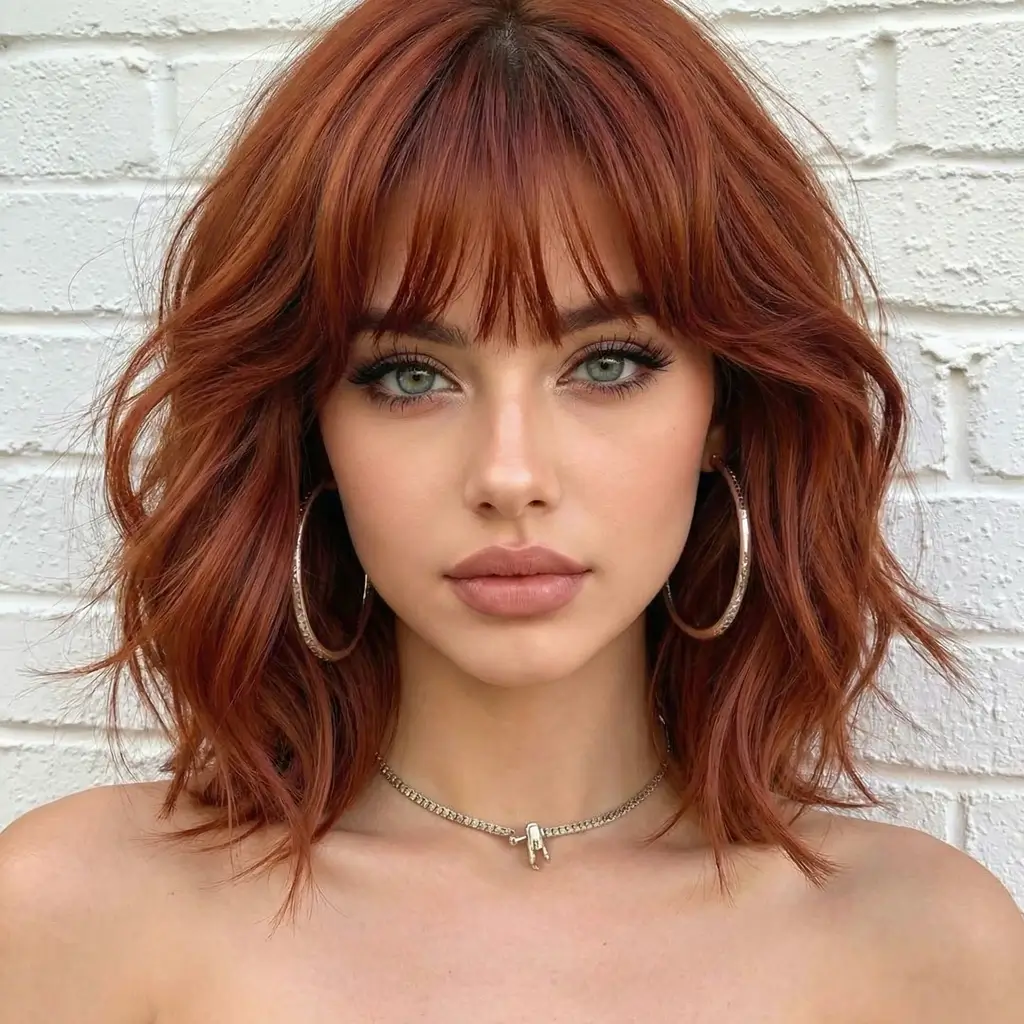 effortless spring hair trends 2026 Spicy Copper Shag with Airy Fringe