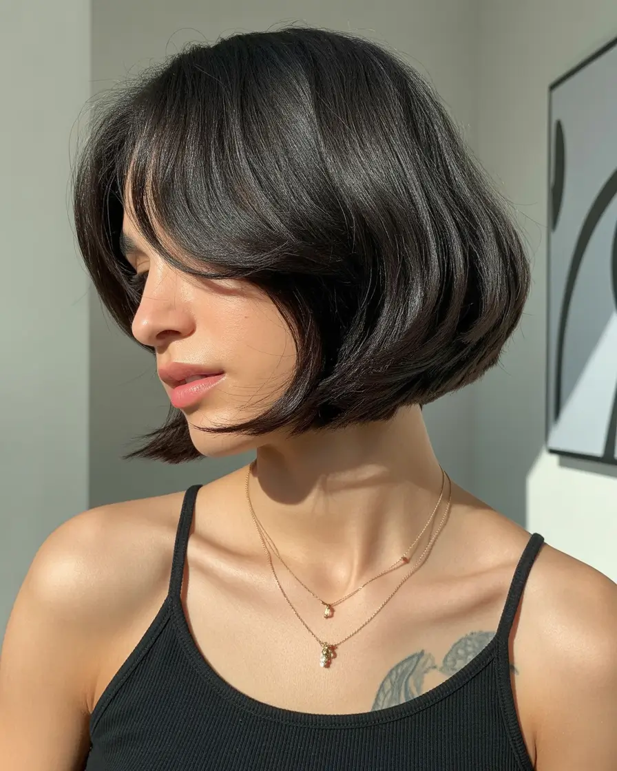 effortless spring hair trends 2026 Glossy Espresso Bob with Soft Curtain Layers