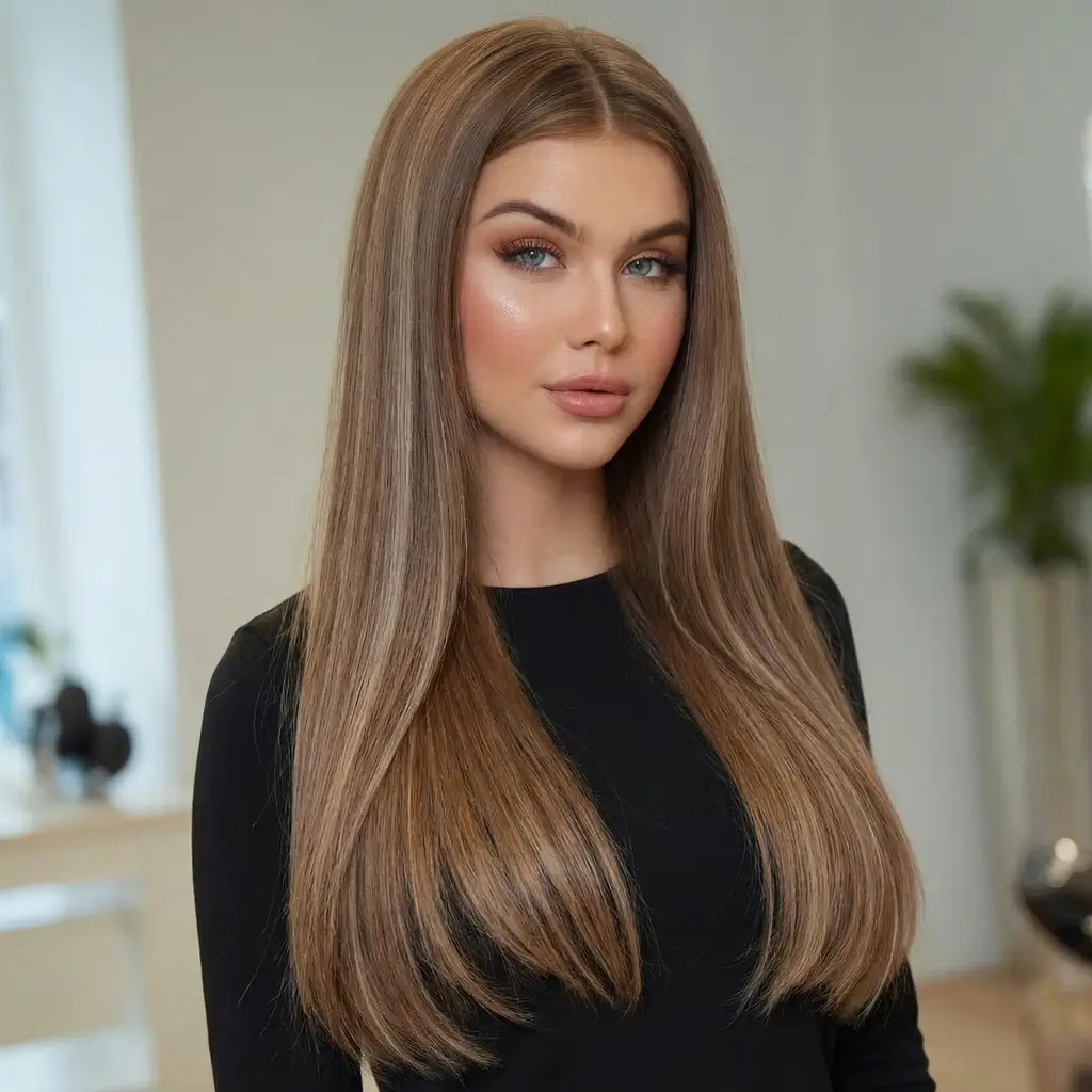 effortless spring hair trends 2026 Straight Chocolate Latte Lengths with Subtle Dimension