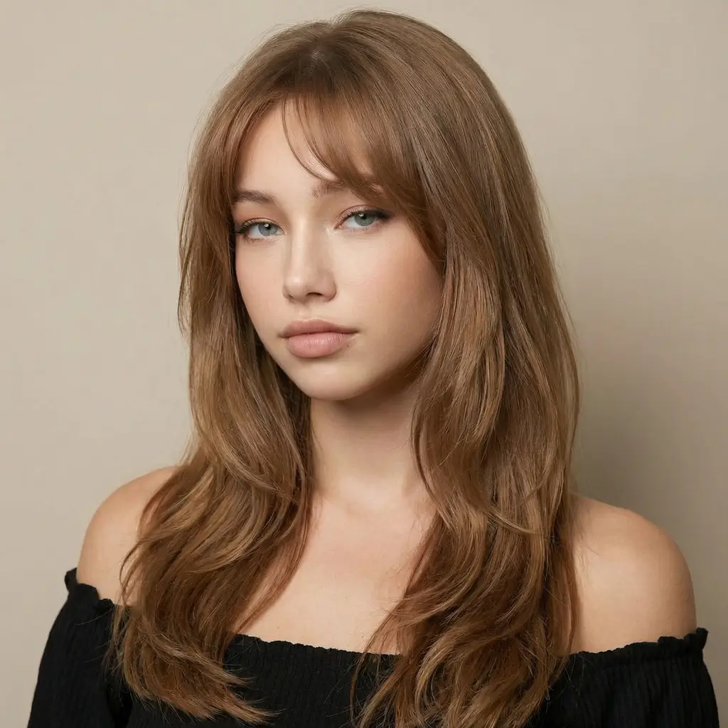 effortless spring hair trends 2026 Warm Honey Layers with Feathered Soft Bangs