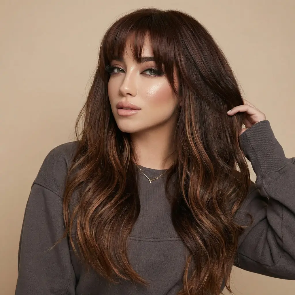 effortless spring hair trends 2026 Chestnut Waves with Dimensional Fringe and Soft Lowlights