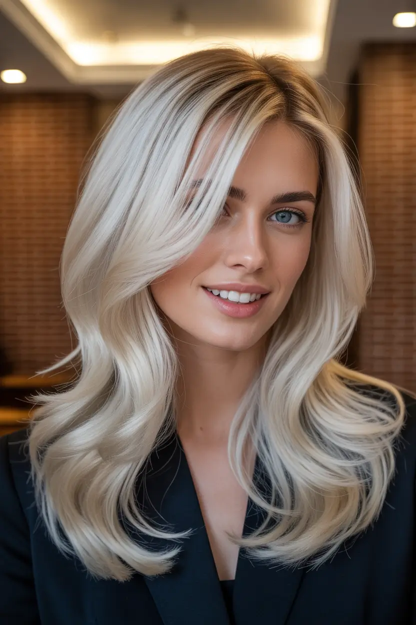elegant spring blonde hair color designs 2026 Bright Vanilla Blonde With Polished Contour Layers