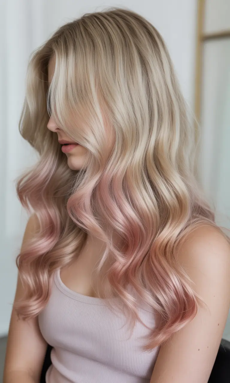 elegant spring blonde hair color designs 2026 Pastel Rose Ends With Soft Blonde Roots