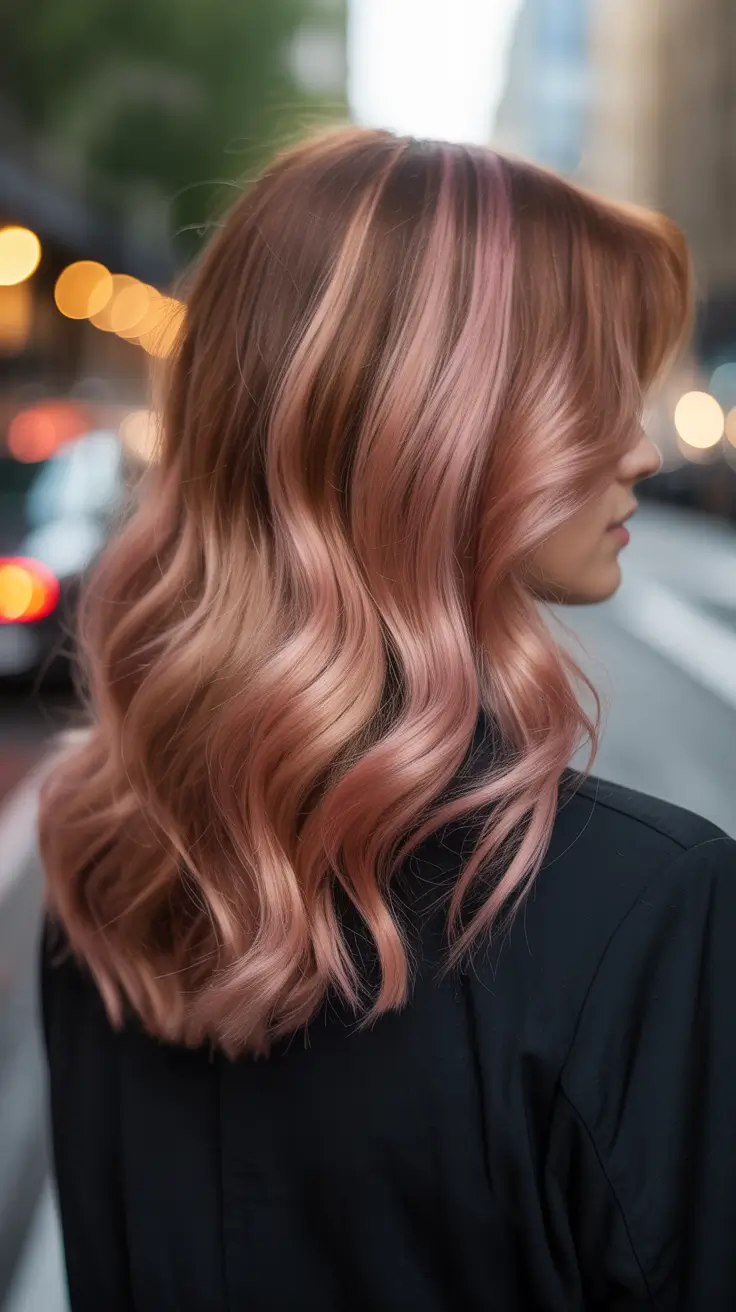 elegant spring blonde hair color designs 2026 Rose Gold Waves With Soft Copper Depth