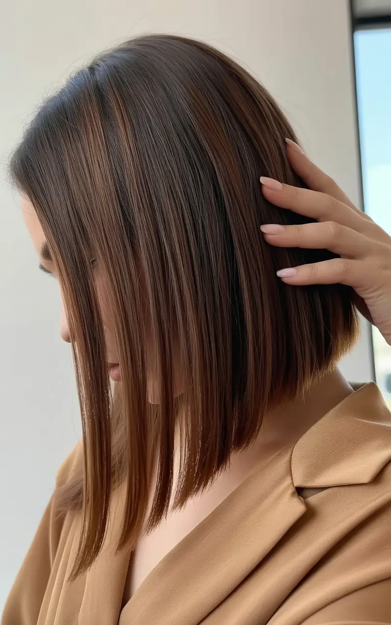 elegant spring haircuts 2026 Sleek Angled Lob with Subtle Gradient Shine