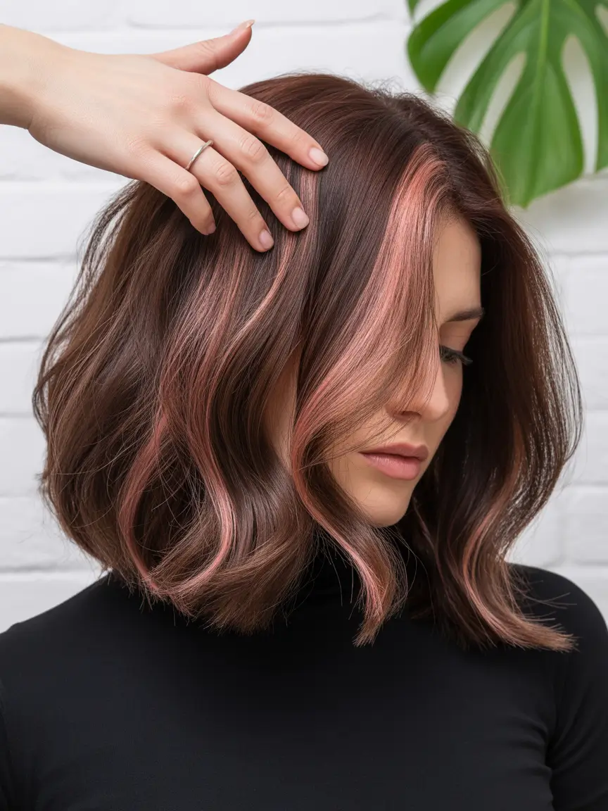 elegant spring haircuts 2026 Medium Wavy Cut with Rose Gold Accent Highlights