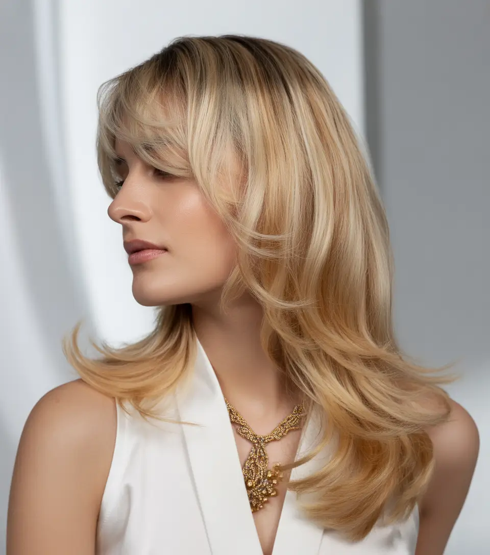elegant spring haircuts 2026 Golden Layered Flow with Soft Spring Curtain Movement