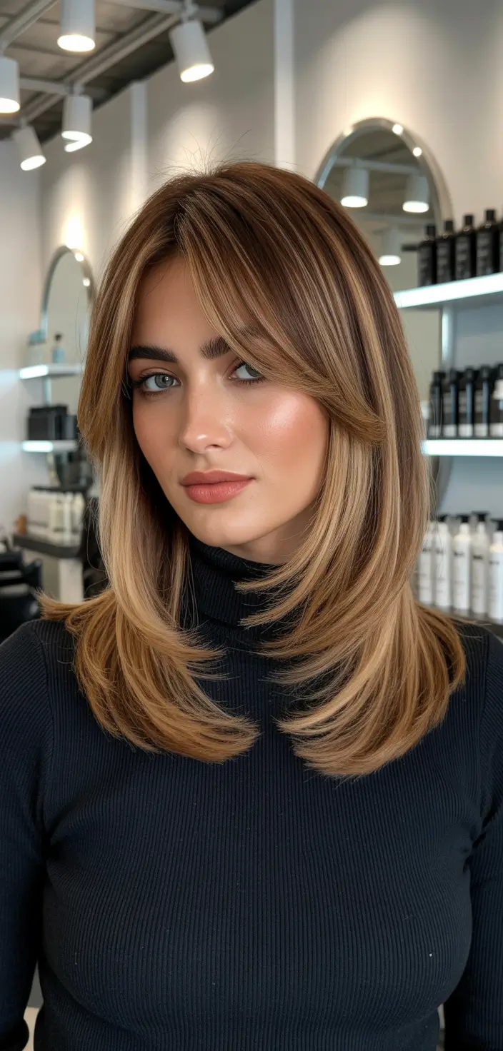 elegant spring haircuts 2026 Honey Brunette Long Layers with Modern Curtain Fringe