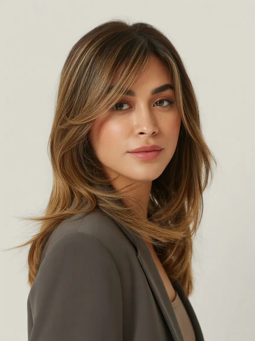 elegant spring haircuts 2026 Layered Medium Cut with Soft Sweeping Fringe