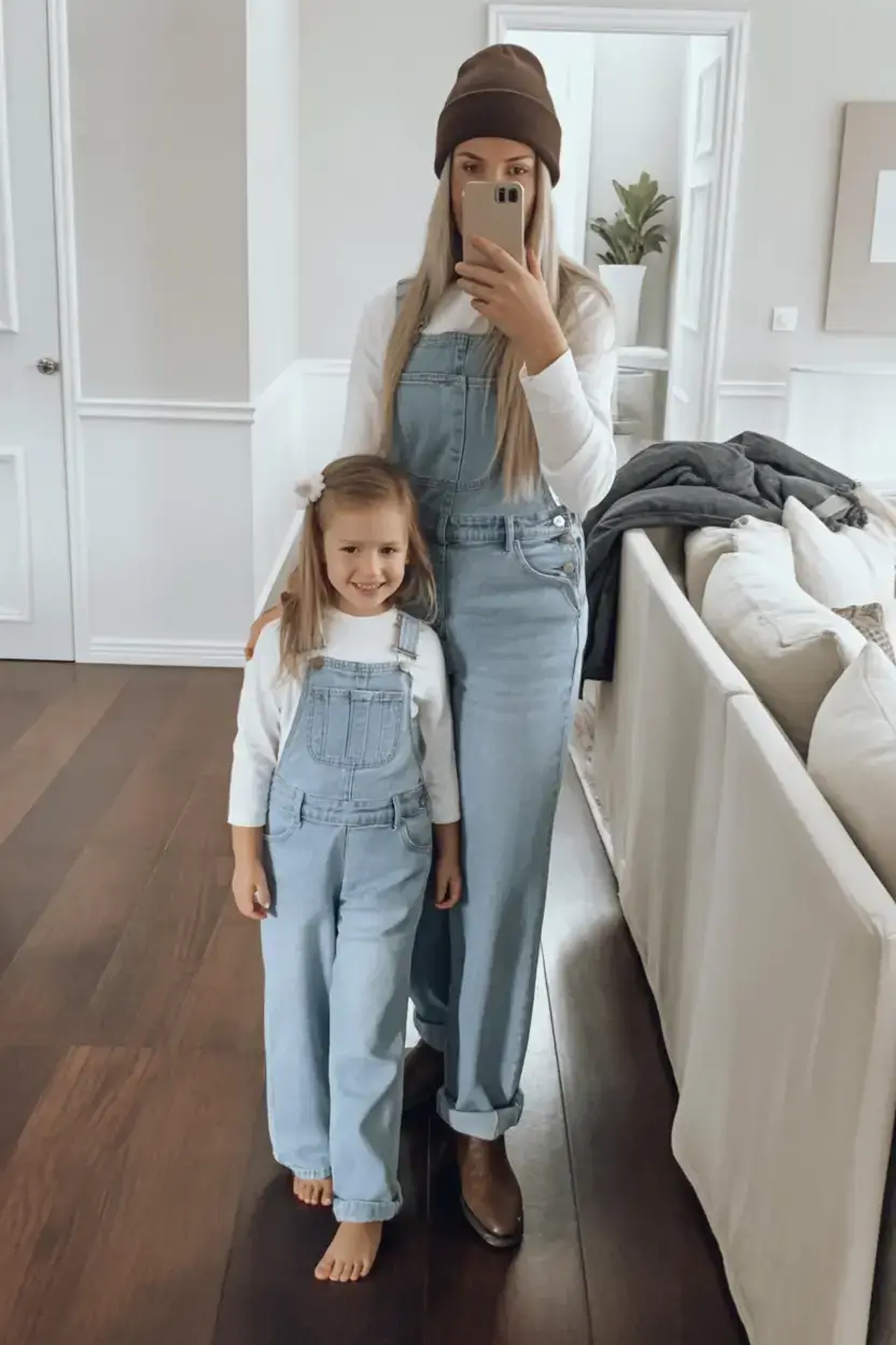 spring family pictures outfits Light denim overalls for sweet matching moments