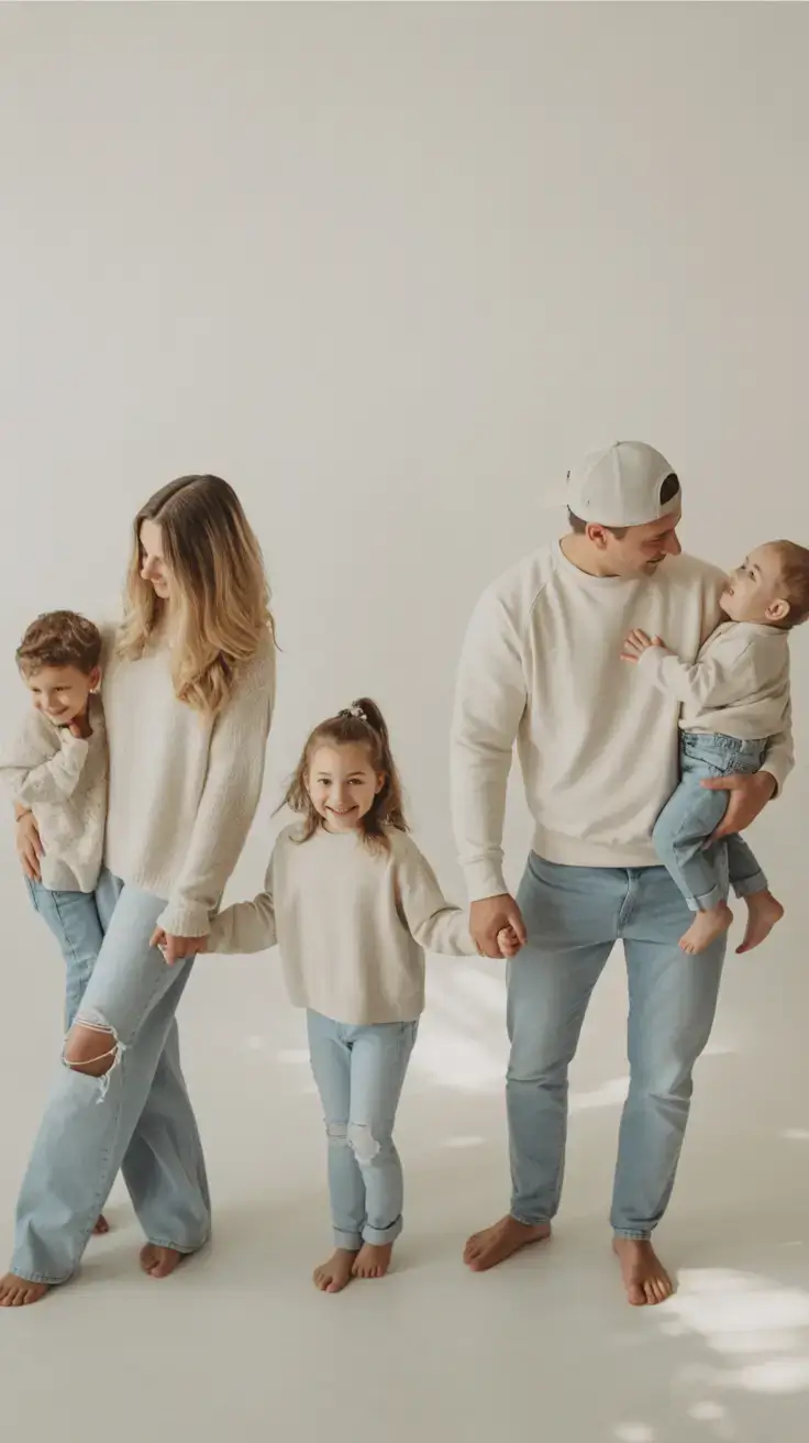 spring family pictures outfits Warm neutrals and soft denim for cozy spring balance