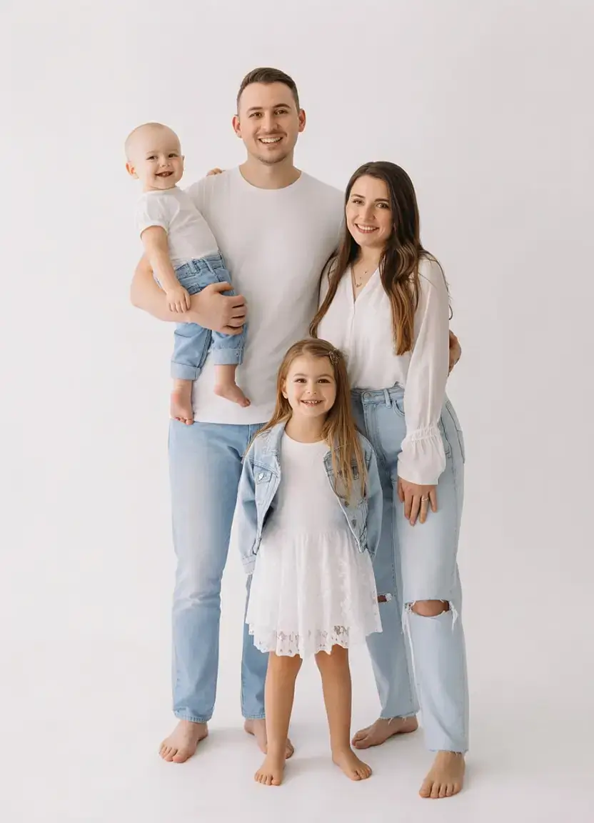 spring family pictures outfits Crisp whites and light denim for airy spring minimalism