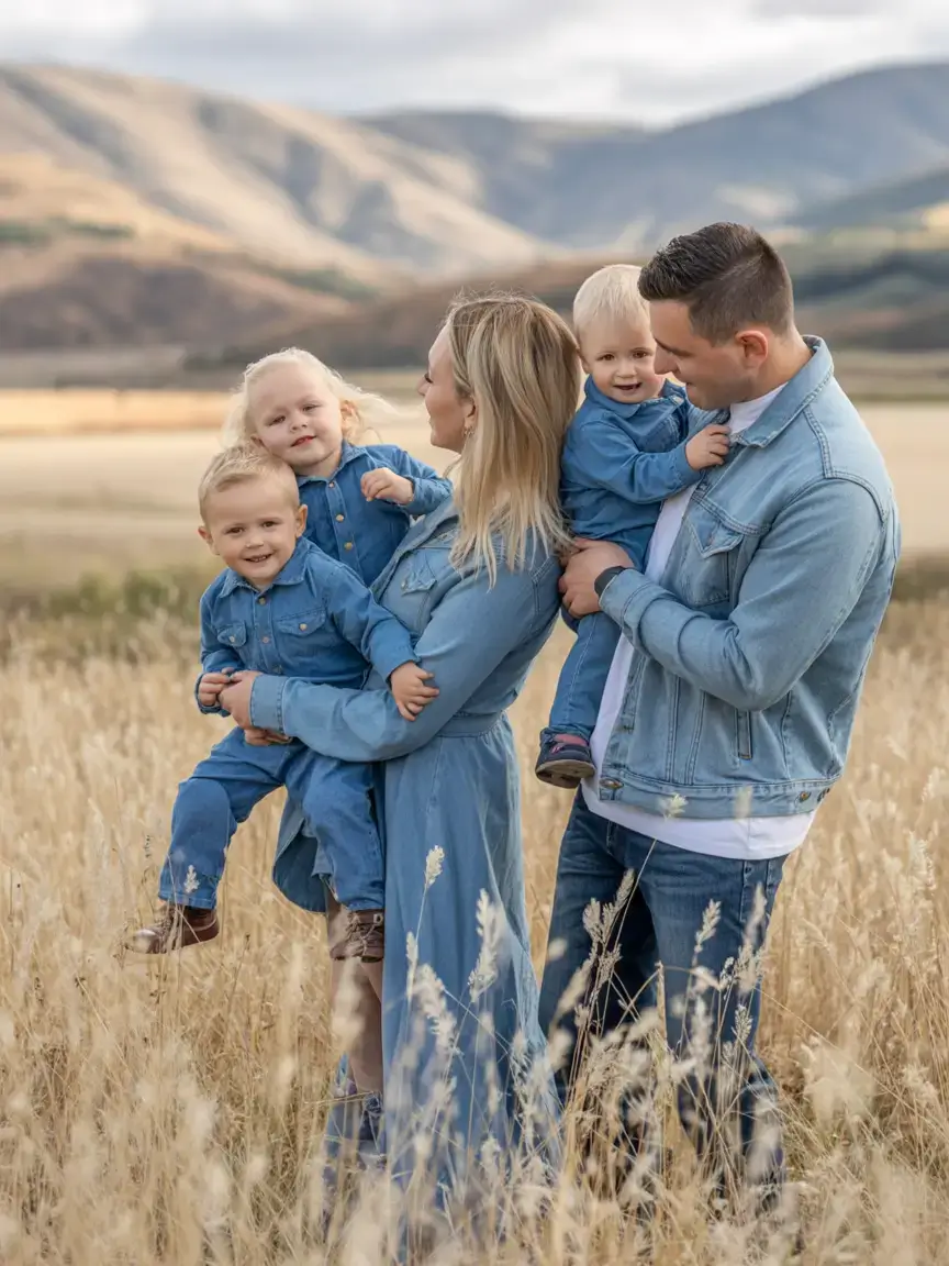 spring family pictures outfits Coordinated denim layers for mountain meadow elegance