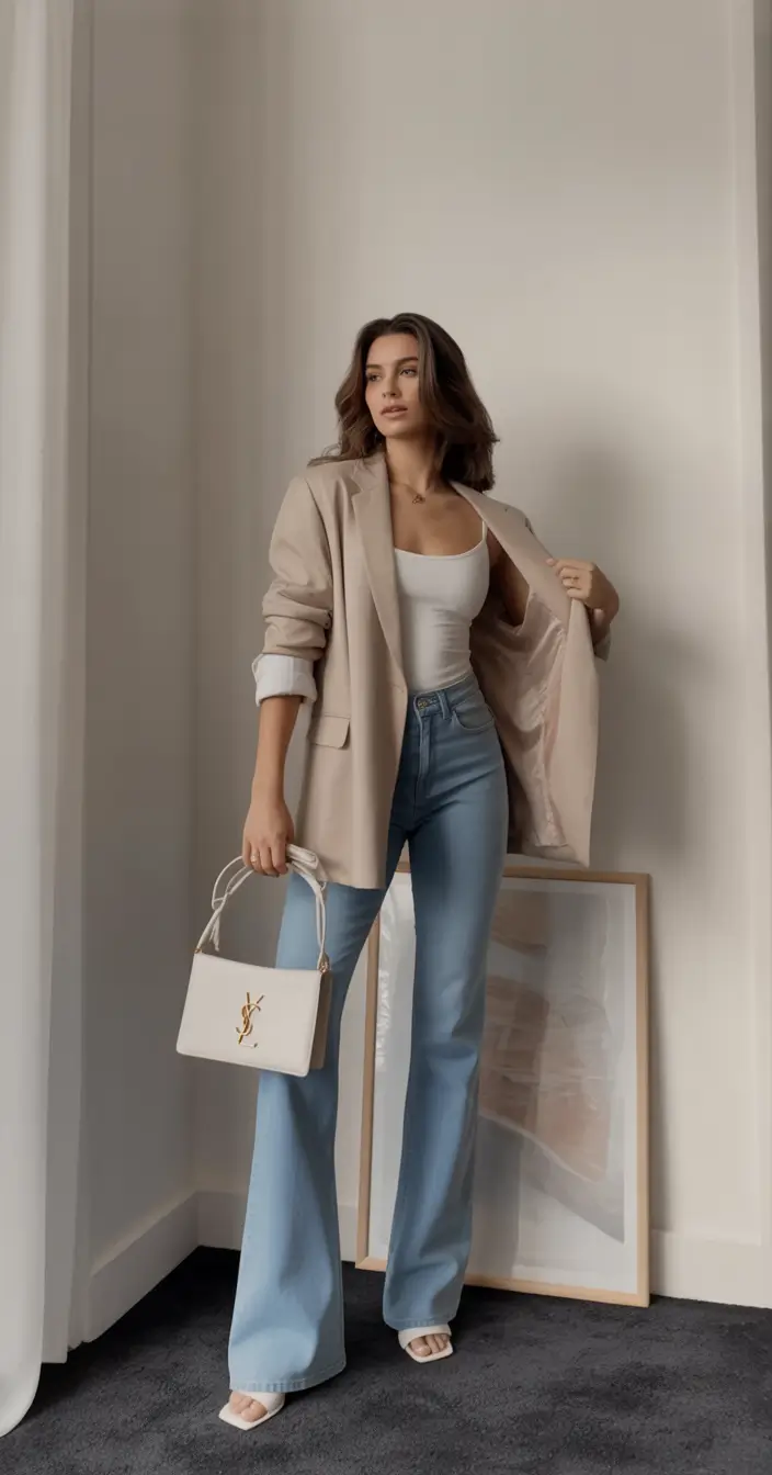 essential spring work outfits 2026 Neutral Blazer and Light Denim for Bright Spring Simplicity