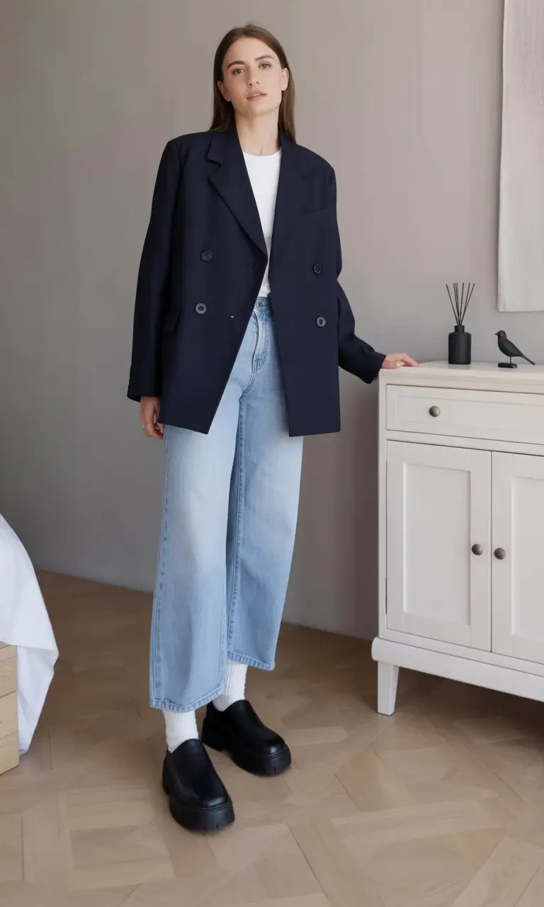 essential spring work outfits 2026 Navy Oversize Blazer with Light Denim Ease