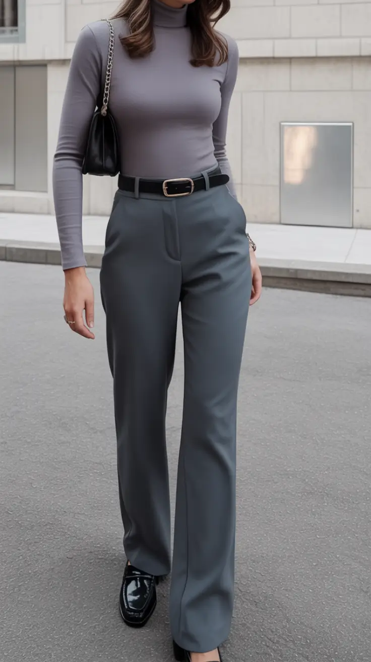 essential spring work outfits 2026 Soft Gray Turtleneck with Tailored Streamlined Trousers