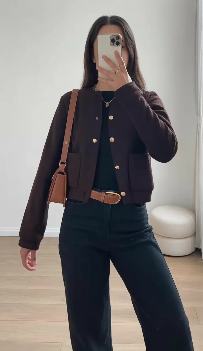 essential spring work outfits 2026 Chocolate Cardigan with All Black Understated Luxury