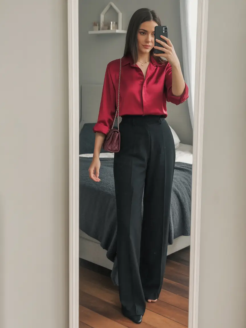 essential spring work outfits 2026 Deep Red Satin with Tailored Black Elegance