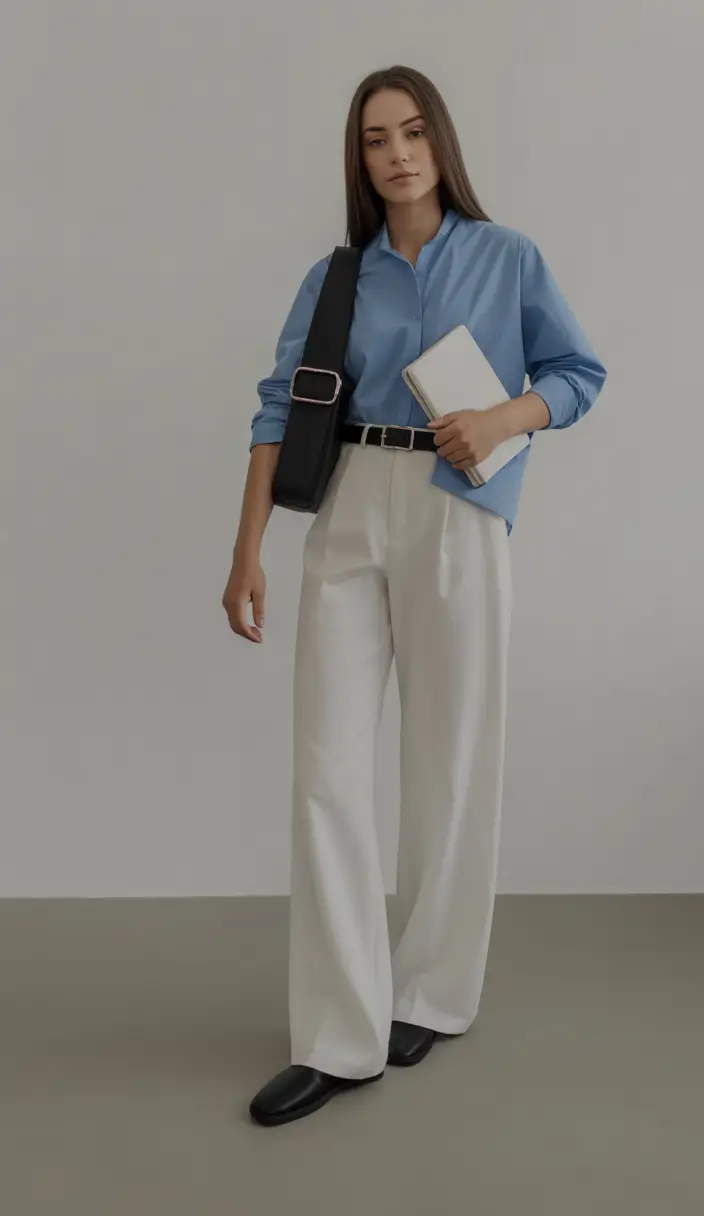 essential spring work outfits 2026 Soft Blue Classic with Crisp White Trousers