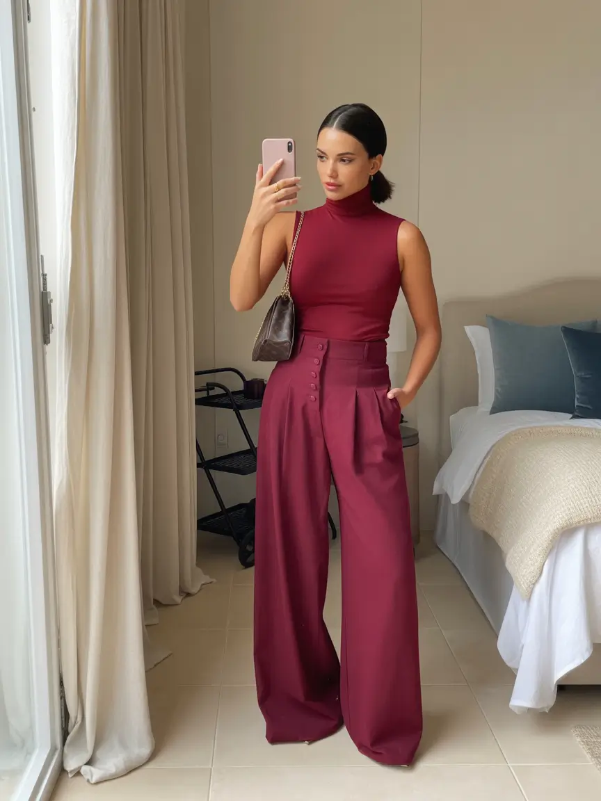 essential spring work outfits 2026 Monochrome Burgundy With Sculpted Spring Elegance