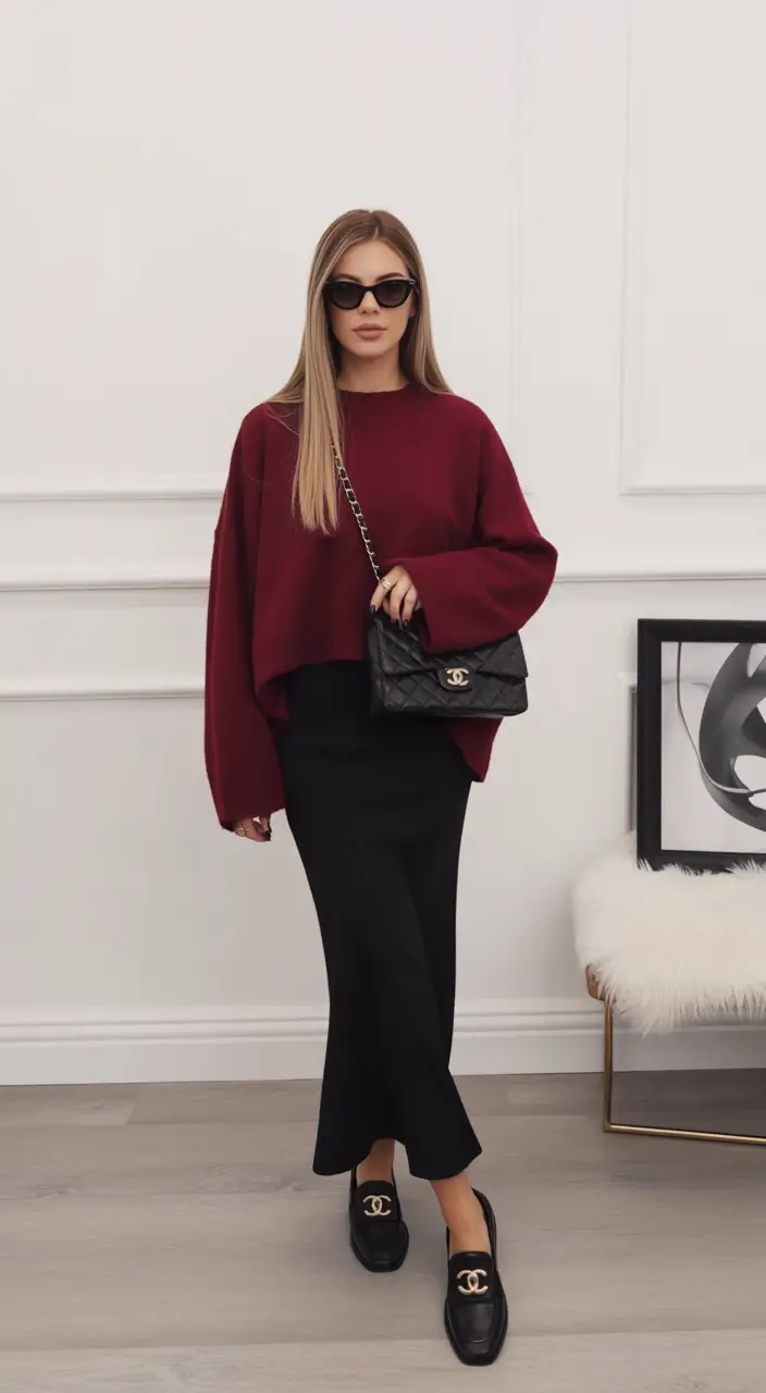 essential spring work outfits 2026 Relaxed Burgundy Knit With Black Minimalist Structure